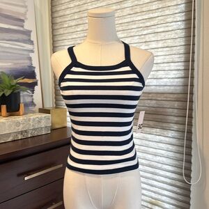 NWT Woman's Navy and White Cropped Racer Back Tank Top. Size Small